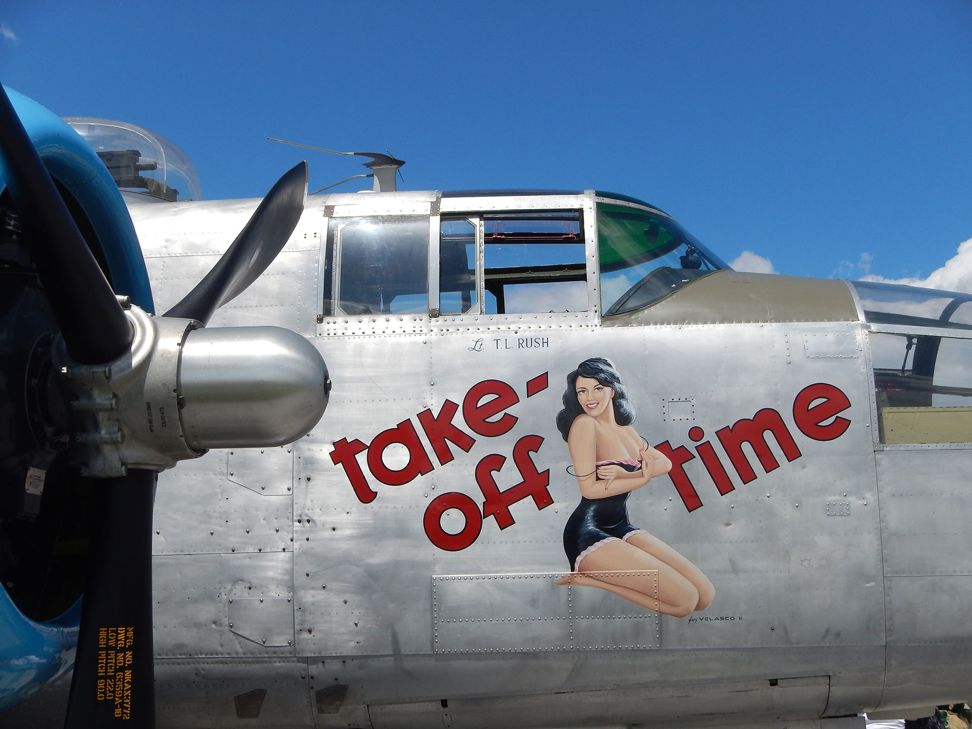 Pin-up girl nose art on the restored World-War-II B-25J aircraft Take-off Time